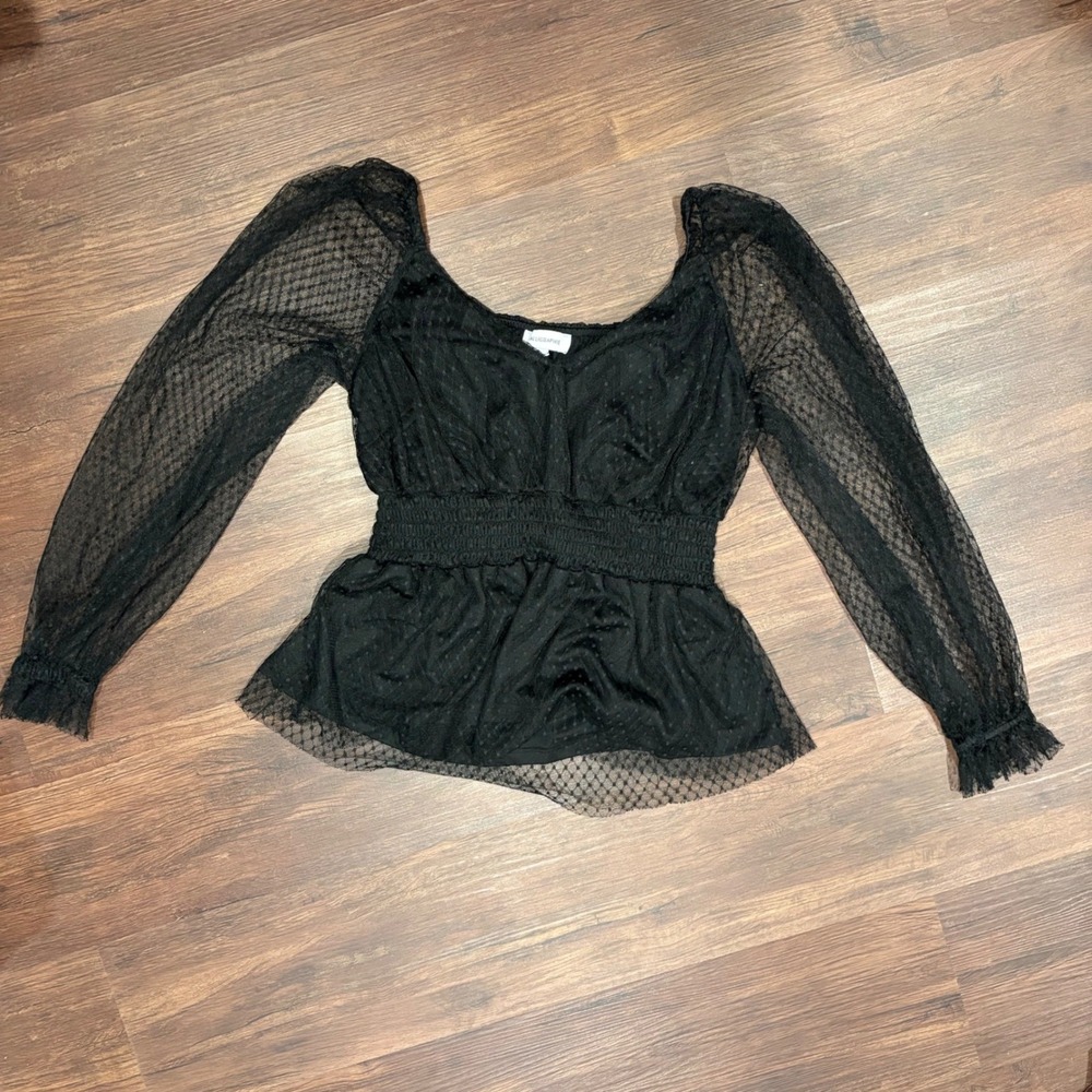 Whimsigoth Black Swiss Dot Mesh Peplum Blouse Sheer Balloon Sleeve S Coquette